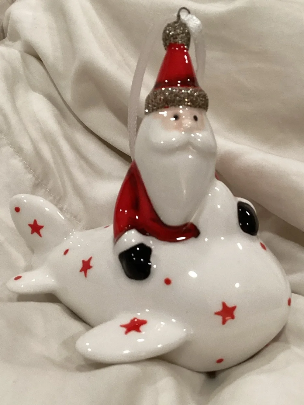 Ceramic Santa in flight, very vintage, handmade From England
